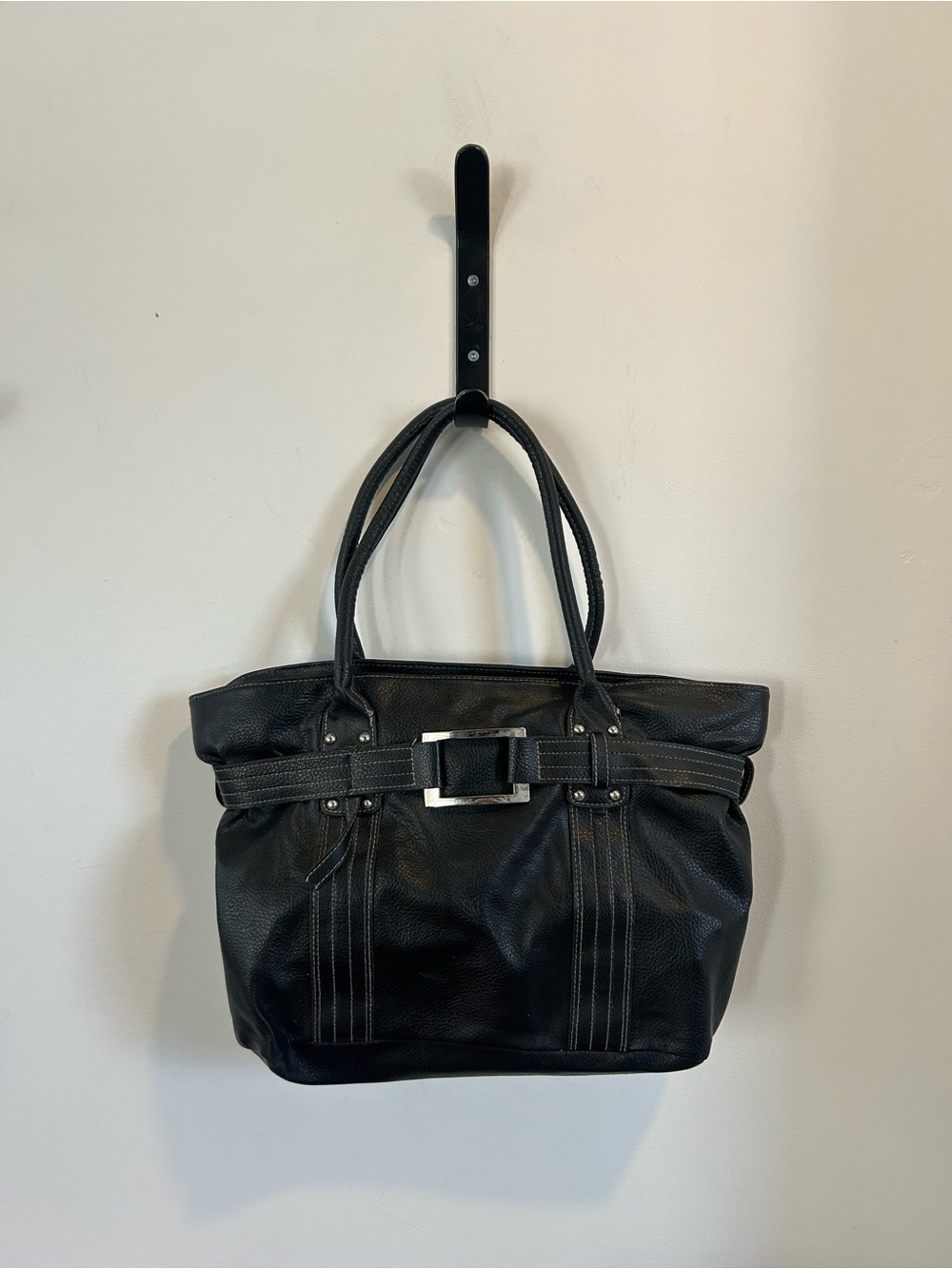 Classic Y2K Black Vegan Leather Tote Bag with Buckle Detail